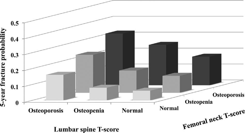 Fig. 2. Five-year absolute fracture risks for women according to osteoporosis, osteopenia, and normal WHO classification at the lumbar spine and femoral neck. other osteoporosis medication, n ¼ 75).