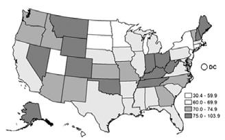 COPD Prevalence Age Adjusted Death-rates (per 100,000) of COPD in