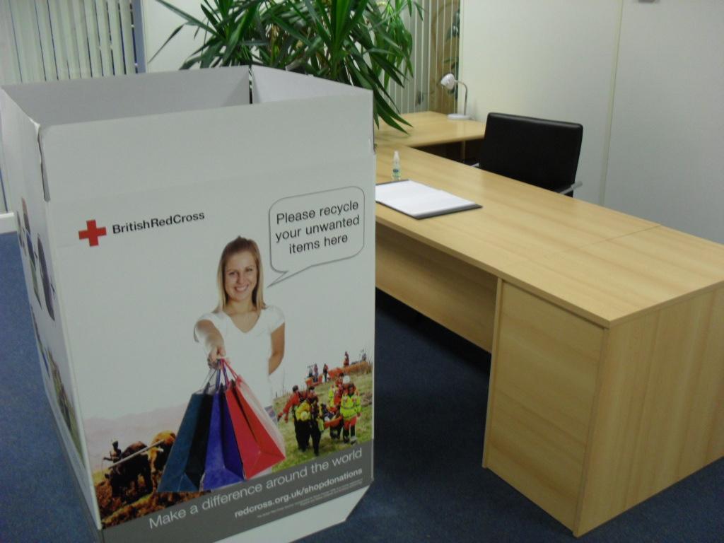 The Box Drop Oceanair International Movers and the British Red Cross can arrange for large Red Cross donation boxes to be delivered to small companies (reception area) as well as large companies (one