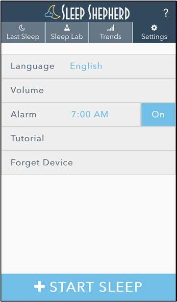 Settings The Settings page allows you to customize your Sleep Shepherd. Language The Sleep Shepherd App is available in numerous languages, click the Language tab to select your desired language.