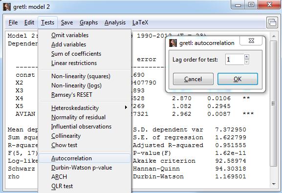 To perform the Breusch-Godfrey autocorrelation test, use the Tests pulldown menu.