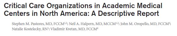 The objective of the study was to determine the structure, governance, and experience to date of established critical care organizations (COO) in North American academic medical centers.
