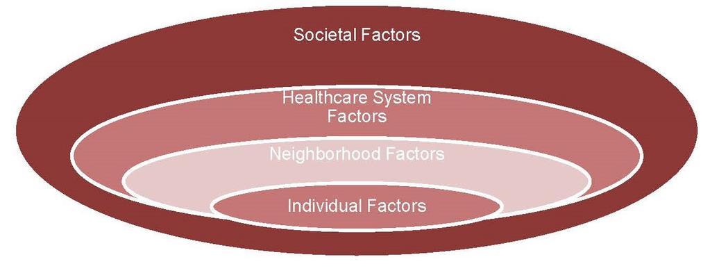 health status; or a particular health outcome. 5 The factors influencing health disparities are multilayered and complex.