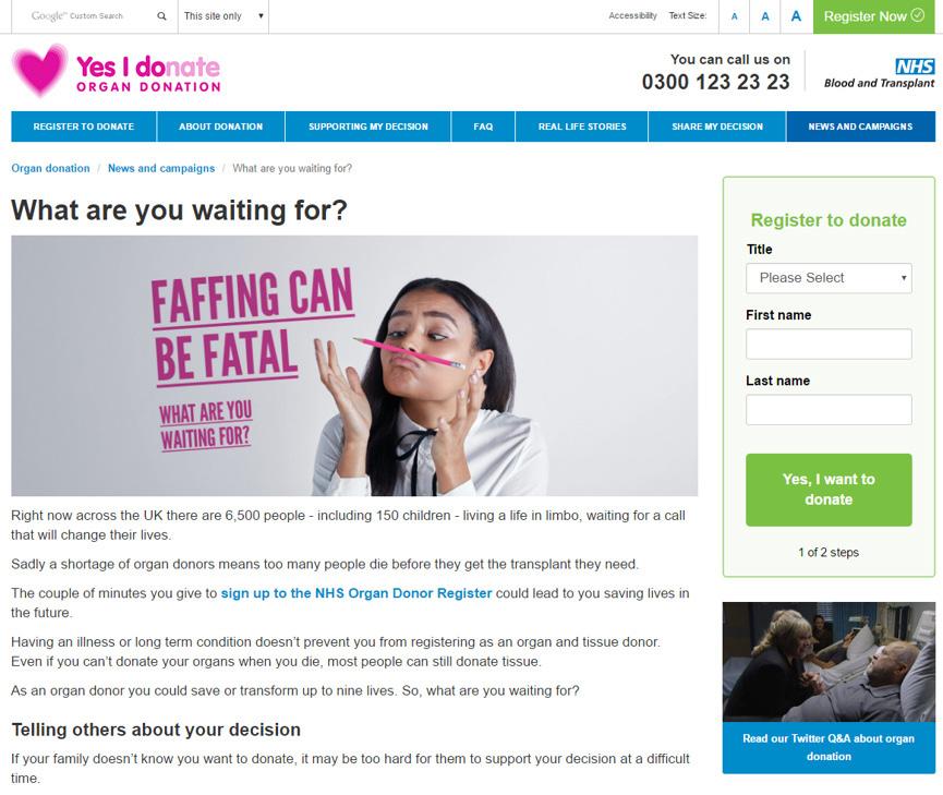 Digital Initiatives Organ Donation Winter Campaign landing page tests The Customer Marketing Digital team have been looking for ways to improve the usability of our web pages, to ensure more people