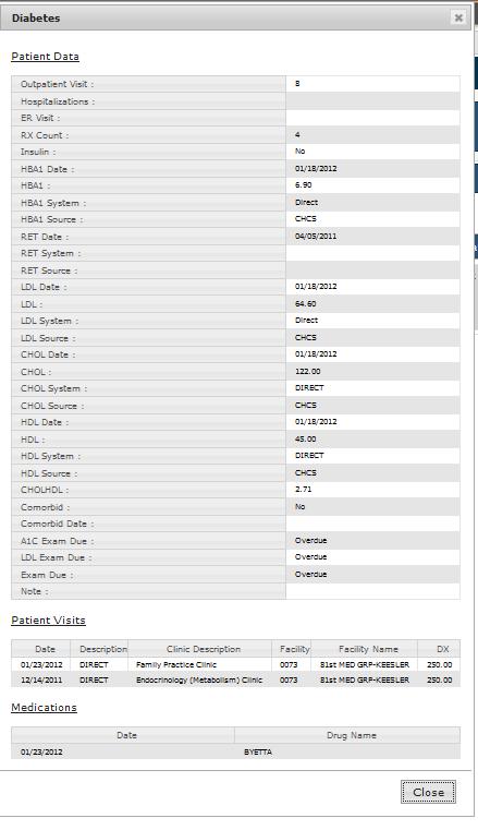 Diabetes Pop-up from patient details Shows diabetes list details and how pt met criteria to be on list: *Shows most recent 2 outpt encounters *Most recent Hospitalization