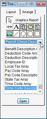 5. Within the Tlbx windw, select Payrll Check Descriptin frm the drp dwn list. 6. Select Time Cde Descriptin Array and drag it int the visible area f the check. 7.