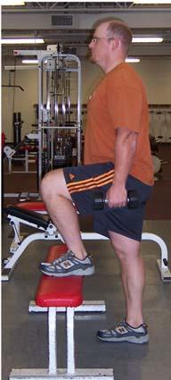 Exhale and squeeze the abs tight when coming from the bottom of the squat back to the starting position. Step-Up 1.