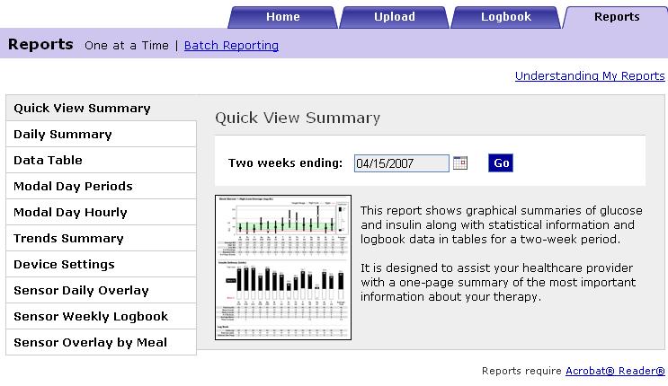 Opening the Reports screen 1. Make sure you are logged in. 2. Click the tab. or Click the link on the Home screen. The Reports screen displays. Note: You must have a minimum of version 5.