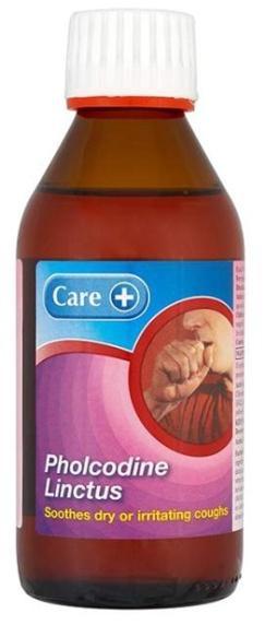 CUP002518 CARE PHOLCODEINE LINCTUS 200ML Care Pholcodine Linctus is for symptomatic relief of dry or irritating coughs. It contains Pholcodine 5mg per 5ml. Pholcodine reduces the desire to cough.