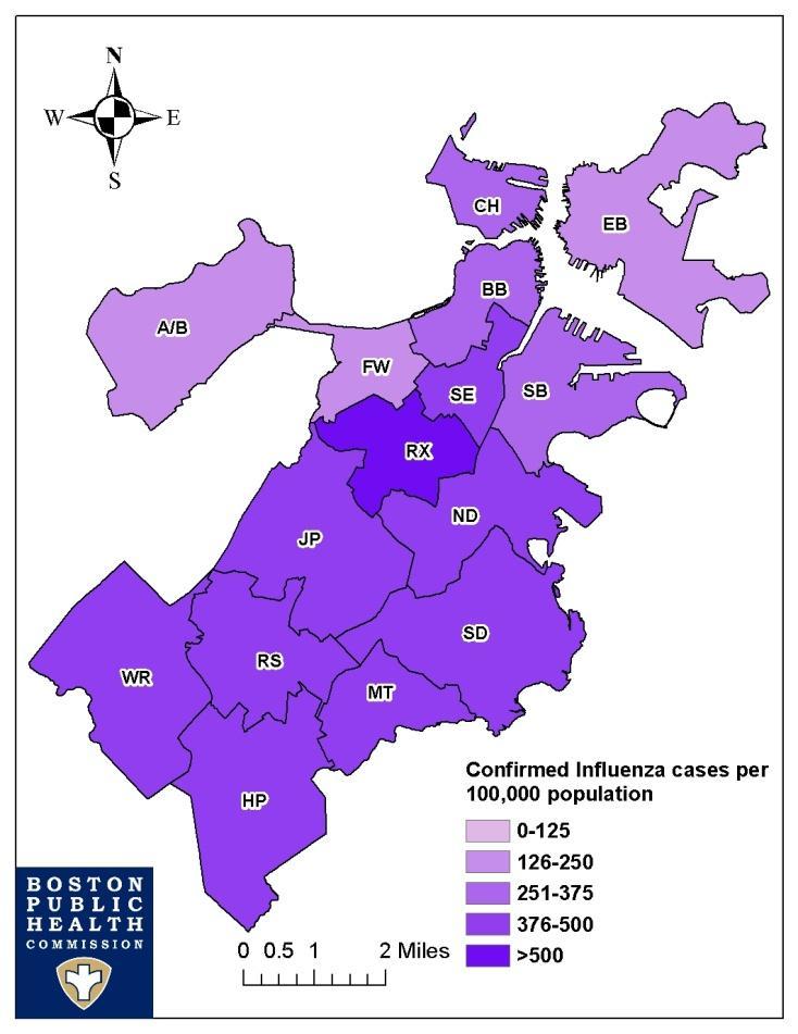Confirmed Influenza Cases and ILI ED Visits in Boston Residents, 2014-2015 Confirmed Influenza Cases, per 100,000 population,11/1/2014 5/2/2015 ILI Emergency Department Visits, per 100,000