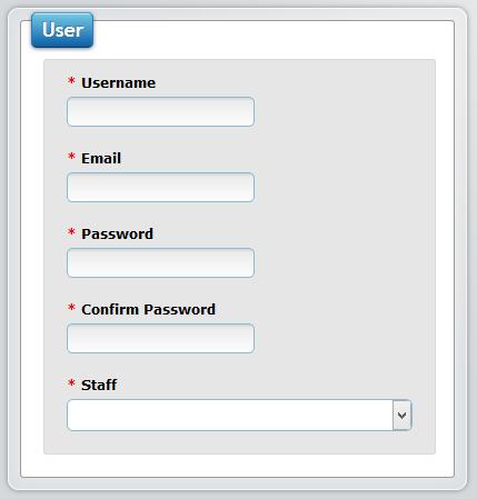 CR MENMHKN PENGGUN RU Untuk menambahkan pengguna baru, anda hendaklah menekan butang Create dan masukkan data seperti di bawah: Cara memasukkan data: Username Email Password Confirm Password Staff :