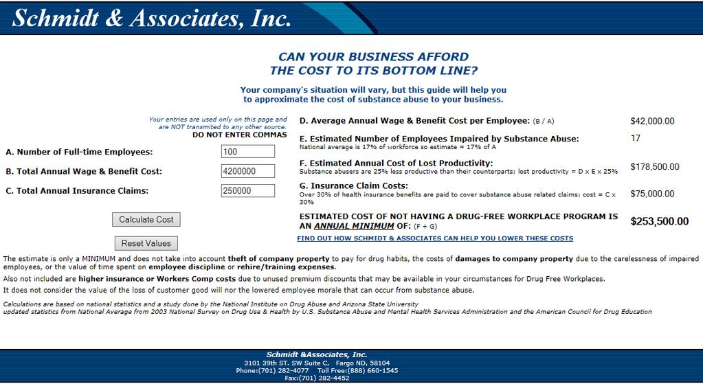 The Cost of Drug Abuse Calculator Average Pay with benefits for a Small Business = $21/Hr.