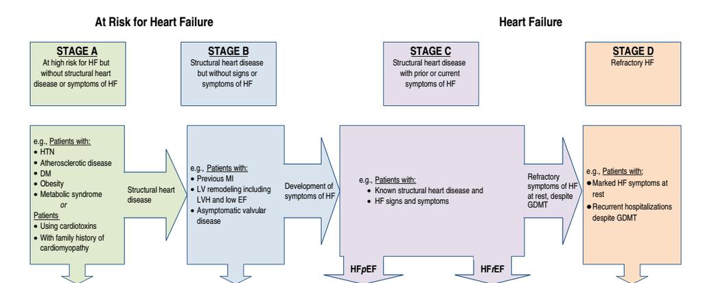 Stage of HF Classification of HF Chronicity Acute Chronic Stage A, B, C, D EF ref (< 40%) pef ( 50%) mref (40-50) Hemodynamic profile Wet - Dry Cold - warm NYHA fn class I, II, III, IV Etiology