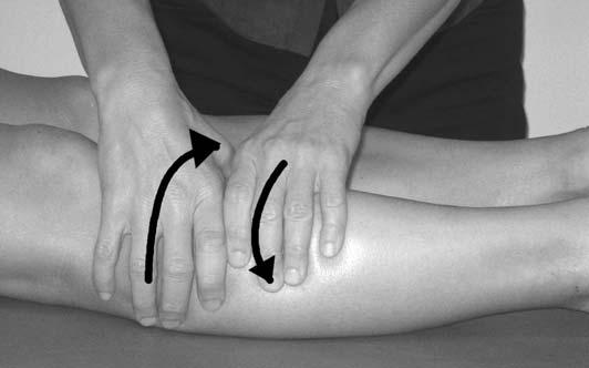 This technique was also described in the treatment of compartment syndrome and shin splints; whereas in those conditions the palpatory focus is the compartment and the pressure is very light, in the