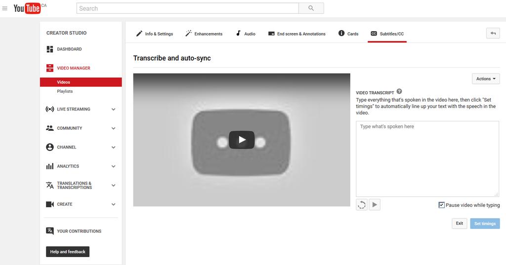 3. Manually type in Created June, 2017 A) Transcribe and auto-sync : This option allows you to type or paste in a full transcript of the video, subtitle timings will automatically be set.