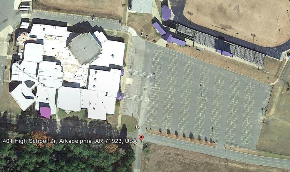 Facility Location: AHS Practice Field and Fieldhouse 401 High School Drive, Arkadelphia, AR 71923 Football/Soccer/Any Sport -- Yellow arrows indicate EMS route -- Yellow starred