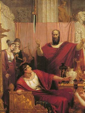 Dionysius (II) was a tyrant of Syracuse in 400BC. Damocles used to make comments to the king about his wealth and luxurious life.