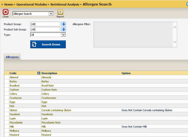 Allergen Search In Operational Modules, Nutritional Analysis there is a new form that allows you to search for Stock Items or Recipes based upon allergen criteria.