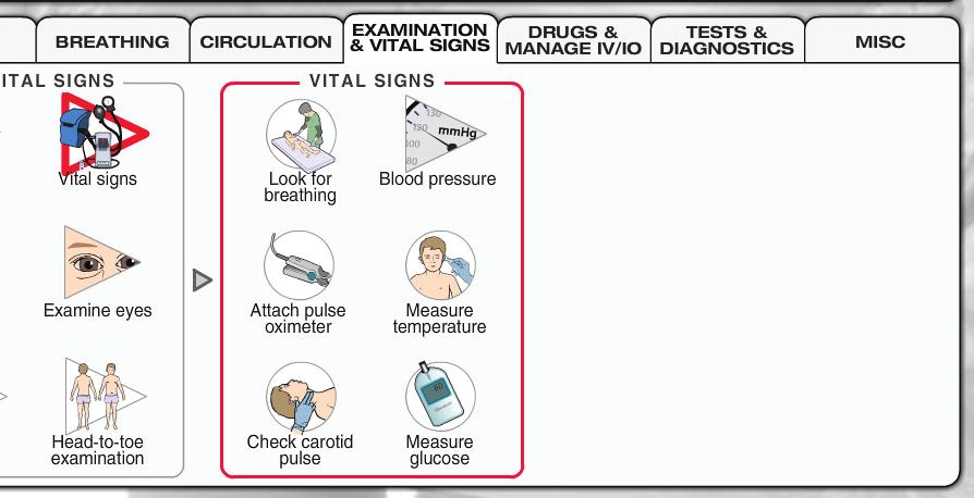 Examination & Vital Signs > Vital signs Look for breathing Determines if the child is breathing by observing chest movement.