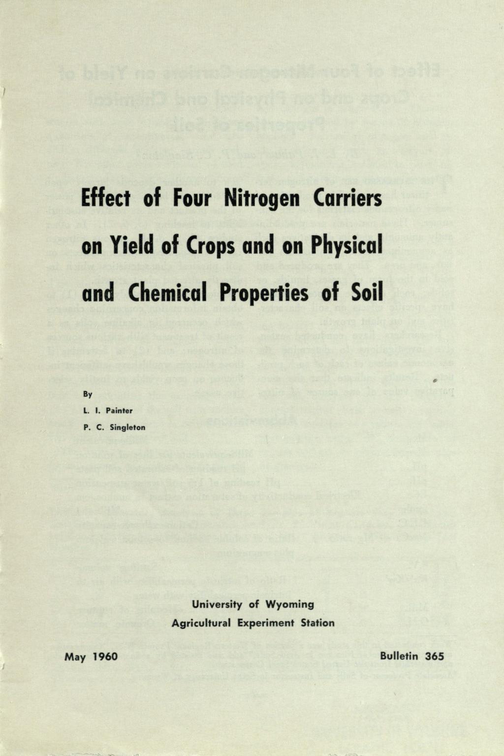 Effect f Fur Nitrgen Carriers n Yield f Crps and n Physical and Chemical Prperties f Sil By L. I.