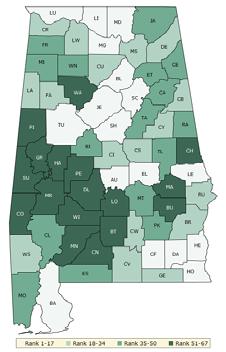 HOW DO COUNTIES RANK FOR HEALTH OUTCOMES? The green map below shows the distribution of Alabama s health outcomes, based on an equal weighting of length and quality of life.