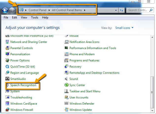 Speech recognition is located in the Windows 7 Control Panel. 1.