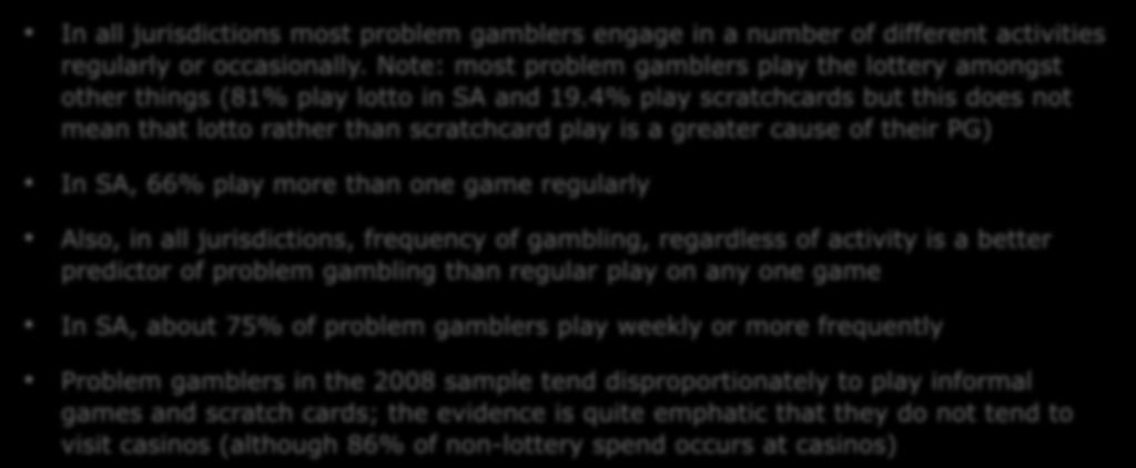 13. Which games do problem gamblers play In all jurisdictions most problem gamblers engage in a number of different activities regularly or occasionally.