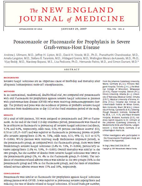 Efficacy of anti-fungal prophylaxis Acute GVHD 1. Proven / probable aspergillosis: Significantly fewer in posaconazole vs fluconazole (2.3% vs. 7.0%; odds ratio, 0.31; 95% CI, 0.13-0.75; P=0.006). 2.