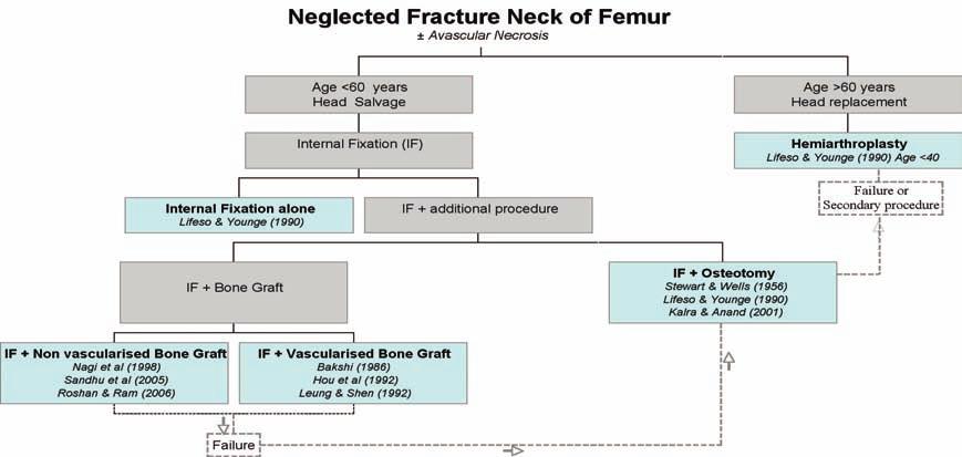 Figure 3. The treatment options available in the neglected femoral neck fracture of a young adult. The indicative studies mentioned are compared with others in table 1.