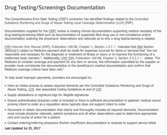 Example of Ongoing MAC Review of Drug Test Orders and Result Utilization (Noridian) https://med.noridianmedicare.