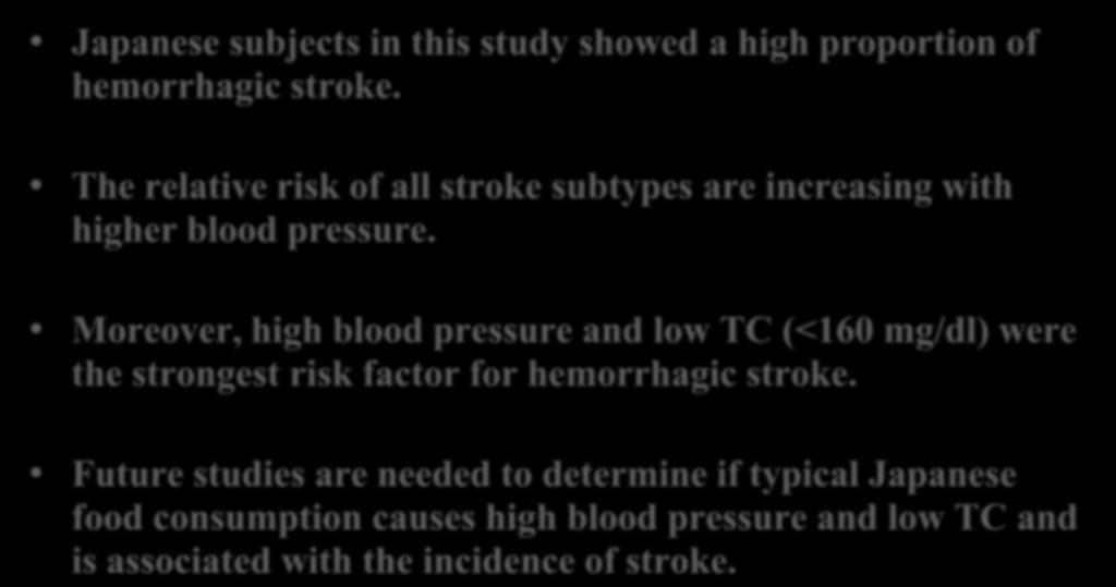 Moreover, high blood pressure and low TC (<160 mg/dl) were the strongest risk factor for hemorrhagic stroke.