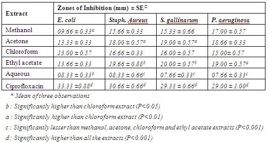 and chloroform extracts and very less sensitive to methanol and aqueous extracts. All the bacteria were highly sensitive to ciprofloxacin. The antibacterial potential of different extracts of M.