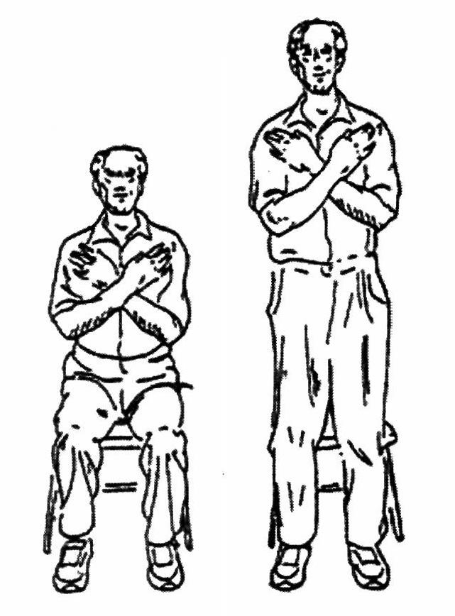 Procedure: Place the chair against a wall where it will be stable. Sit in the middle of the chair with your feet flat on the floor, shoulder width apart, back straight.