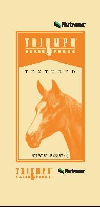 Triumph 12 Textured 5267 This feed is designed to be fed to mares, breeding, maintenance and performance horses. Protein.. Min 12.0% Fat...Min 4.5% Fiber. Max 7.0% Calcium..Min 0.40% Max 0.