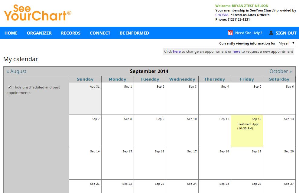 Your Calendar The calendar page of SeeYourChart displays your treatment and appointment