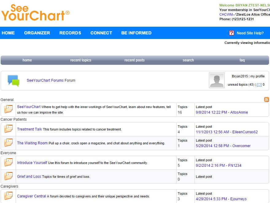 The SeeYourChart Forum The forums on SeeYourChart are a great place to connect with other patients from around the country.