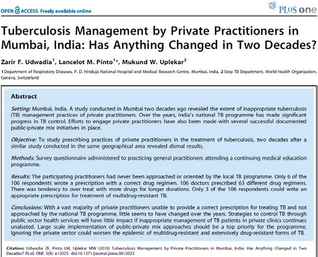 TB treatment in the private sector 1990: 100 practitioners had prescribed 80