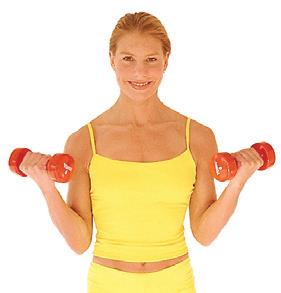 Repeat for Biceps Curl: Stand with your feet shoulder-width apart, holding dumbbells at your sides.