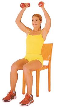 Repeat for Overhead Press: Sit in a chair with your feet flat on the floor. Hold dumbbells up at shoulder height, your palms facing your ears.