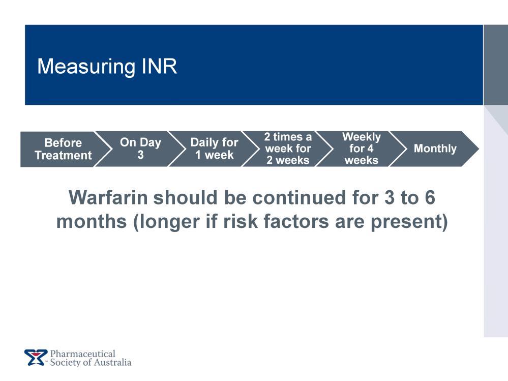 Measure INR at baseline (before starting treatment) The typical starting dose for warfarin is 5-10mg daily. The dose is then adjusted according to the INR (reference tables exist for this process).