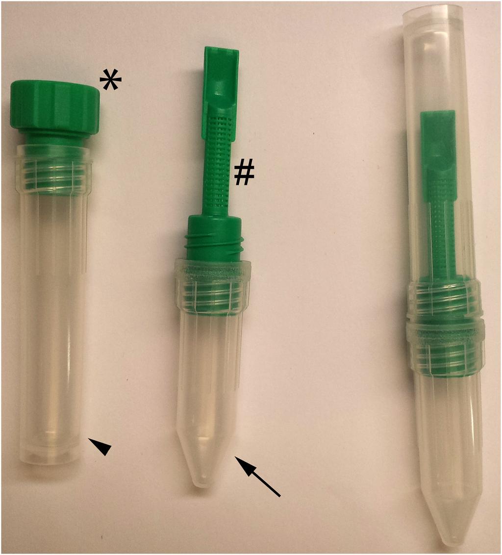 Couturier et al. FIG 1 Mini Parasep SF collection tube showing an unassembled tube set (the two images on the left) submitted to patients and an assembled tube received from patient (right).