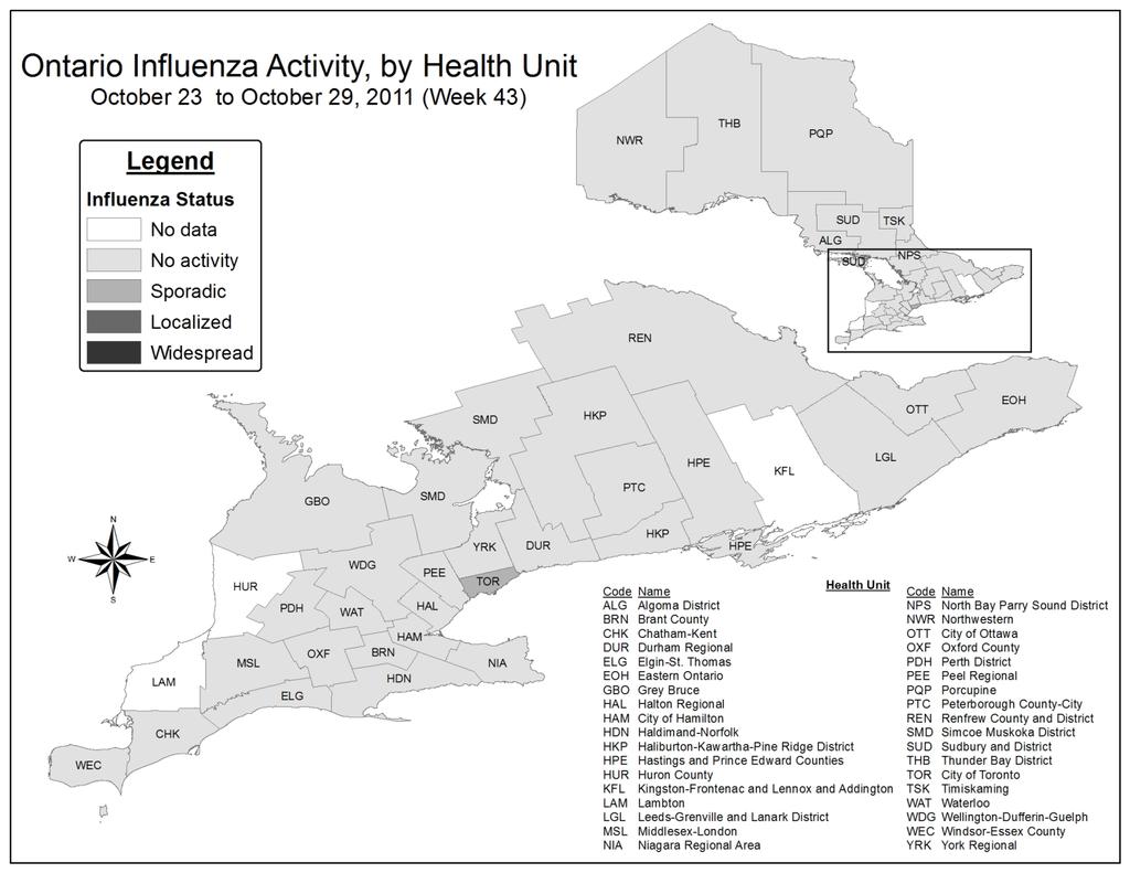 Figure 5: Influenza activity* levels in Ontario by health unit for week 43, 2011 Source: MOHLTC [Provincial Influenza Activity Report (Appendix C) Database] * Influenza activity levels are assigned