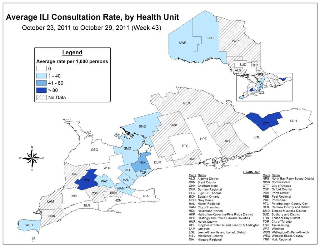 Figure 7: Average influenza-like illness consultation rate (per 1,000 patient visits) by health unit as reported by sentinels * in Ontario, for week 43 Source: Public Health Agency of Canada *