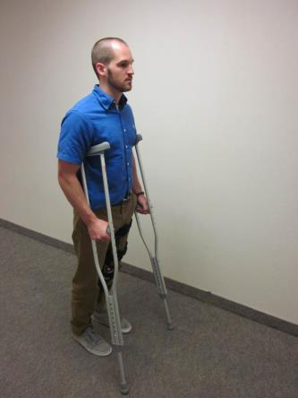 Walking: 1. Start by placing bth crutches 1-2 inches t the utside f each ft and 6-12 inches in frnt f yu. 2. Step yur surgical/injured leg frward t meet the crutches. 3.