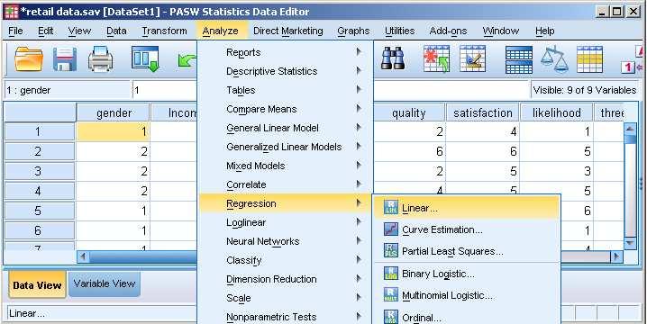 Figure 6.1 Analyse Menu in SPSS with Regression and Linear Submenus 1. Once you are on the window as shown in Figure 6.