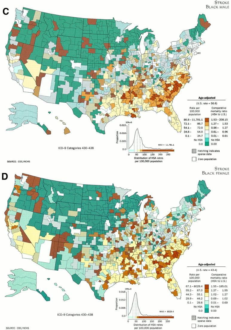 Age-adjusted stroke mortality rates per 100 000 by in the United States, 1988 to 1992 HAS Black men (C), Geographic Rate Ratio 10:1, Race Rate Ratio 3:1