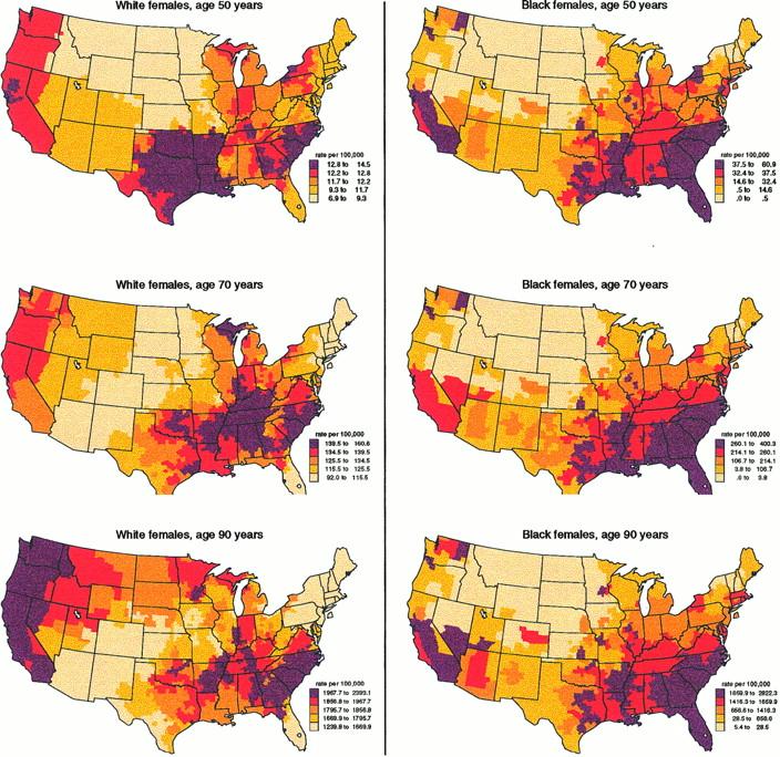 Smoothed stroke mortality rates per 100 000 by HSA in white and black women aged 50 (top), 70 (middle), and 90 years (bottom)