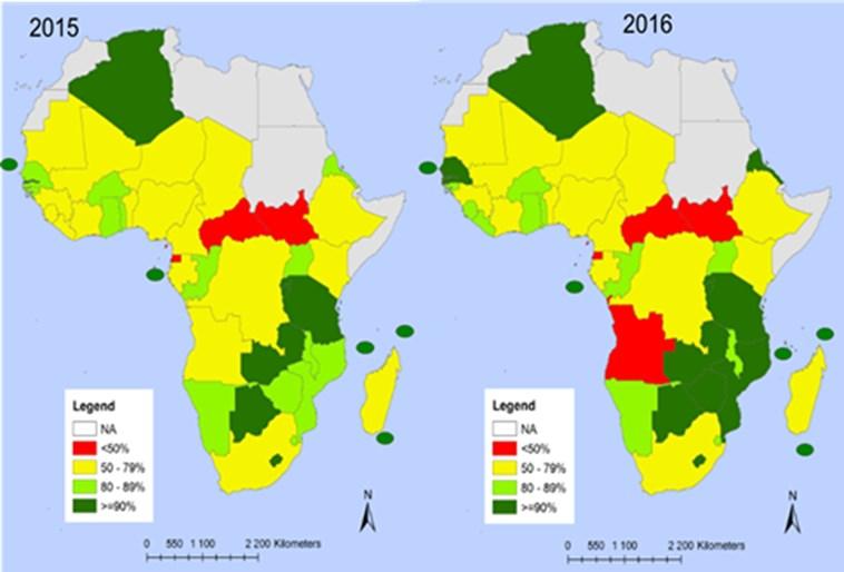 Coverage of 1st dose of Measles Containing vaccine (MCV1) in countries in AFR, 2015 vs 2016 The regional coverage for the 1st dose of Measles Containing Vaccine stagnated at 72% in 2015 and 2016.