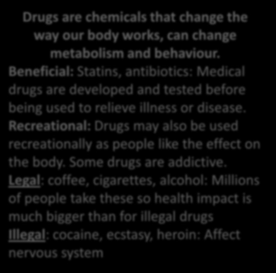 B1.3.1 Drugs Different Types Drugs are chemicals that change the way our body works, can change metabolism and behaviour.