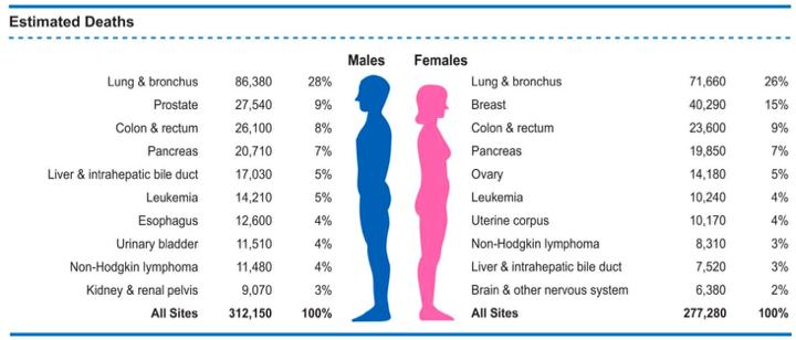 Ten leading cancer types for the estimated deaths in USA by sex in 2015.